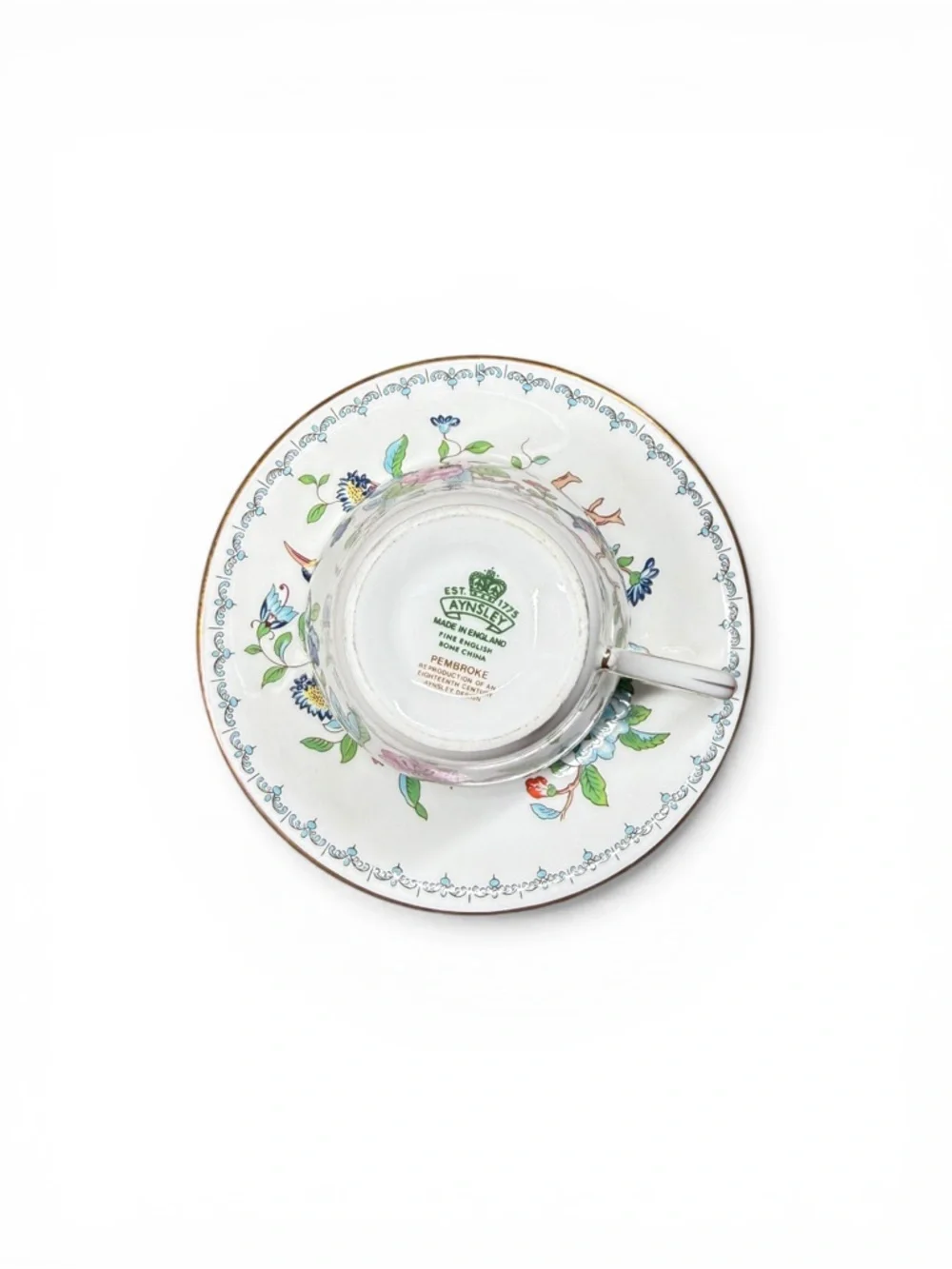 Vintage Aynsley Floral & Bird Teacup and Saucer - White with Multicolor Accents